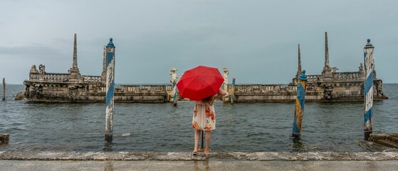 Woman with Red Umbrella at Vizcaya Barge, Miami