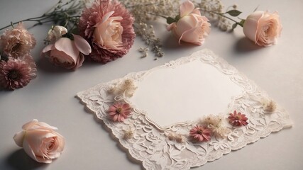 Floral arrangement with pastel roses and lace paper for wedding invitations or greeting cards