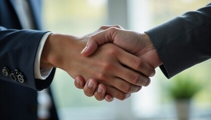 A business handshake between two partners in strict suits, symbolizing agreement