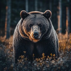 Fototapeta premium Serene wild forest landscape in autumn with golden leaves and mist covering mountains