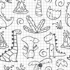 Seamless pattern of hand-drawn dinosaurs, cracked eggs, and tropical plants, markers on a grid background resembling notebook paper. Playful doodle style, for school supplies and kids.