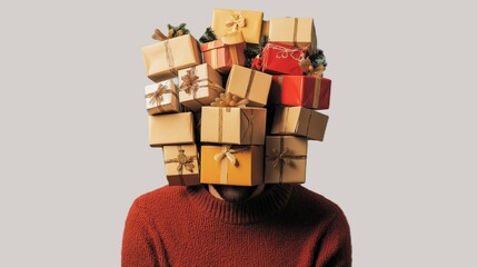 Obraz premium A man in a red sweater holds many gift boxes on his head, creating a cheerful and festive composition. The background is neutral, emphasizing the brightness of the packages