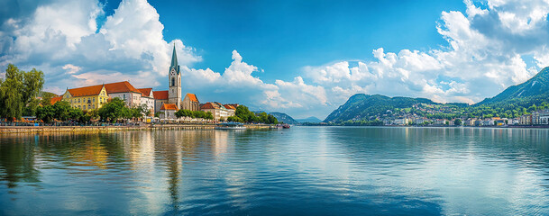 Fototapeta premium Panoramic view of the beautiful cityscape with colorful buildings and church spires reflecting in the river