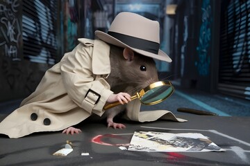 Detective Rat with a Magnifying Glass &ndash; Rat in trench coat and hat, inspecting clues with a magnifier.