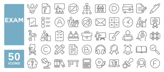 Set of 50 line icons related to exam, quiz, test, questionnaire, results, training, pass, score, assessment, Editable stroke. Vector illustration