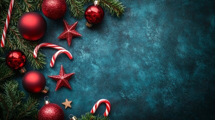 Christmas background with decorations along the edges. Christmas tree branches, gold glitter balls, stars, and garland. Flat lay, top view on a dark background with copy space.