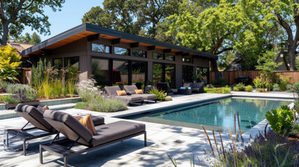 Fototapeta premium Modern backyard with a sleek rectangular pool flanked by stylish black sun loungers and lush landscaping, reflecting an upscale, tranquil setting.