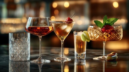 Assorted cocktails and drinks in elegant glasses on a bar counter with warm lighting