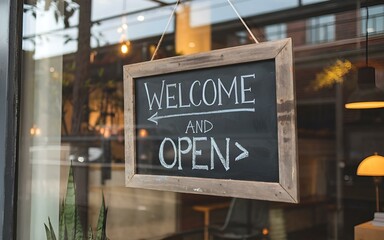 "Welcome" and "Open" sign hanging in a rustic wooden frame at a coffee shop front window