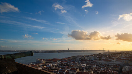 Scenic panoramic views of Lisbon and 25 of April bridge from Saint George Castle Sao Jorge lookout