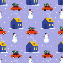 Fototapeta premium Festive winter pattern with cars, snowmen, and colorful houses in a cozy setting