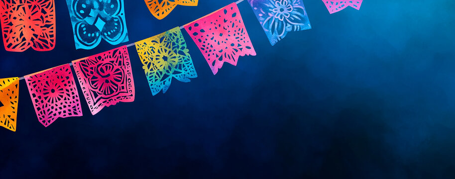 Papel Picado banner background with Mexican paper cut-out flags for a fiesta party