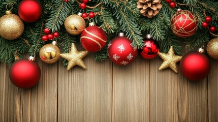 Christmas background with decorations along the edges. Christmas tree branches, gold glitter balls, stars, and garland. Flat lay, top view on a dark background with copy space.