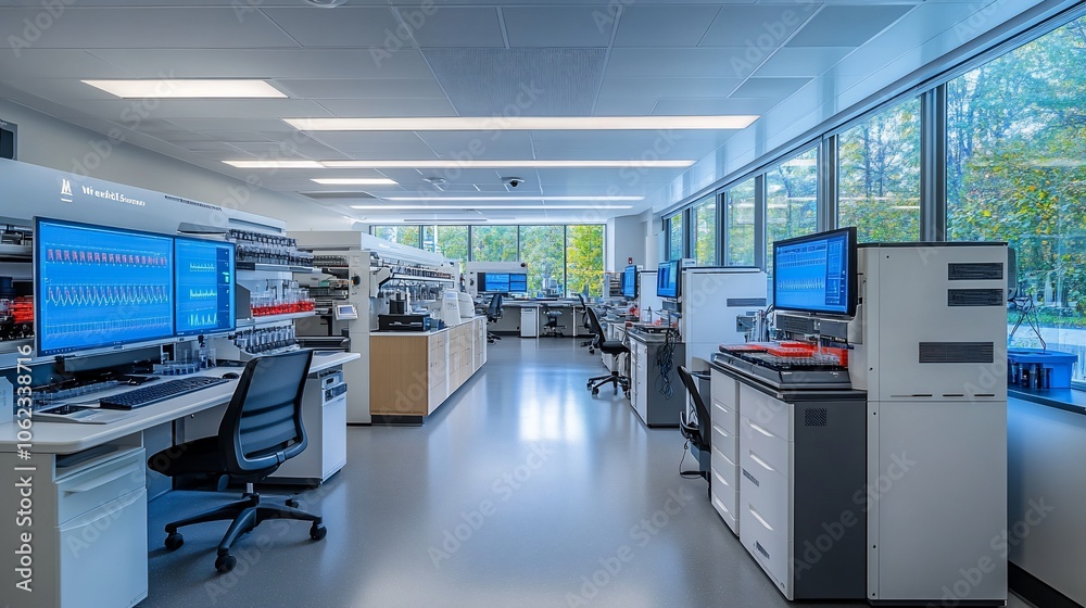 Aufkleber modern laboratory workspace with high-tech equipment, computers, and large windows overlooking a gre