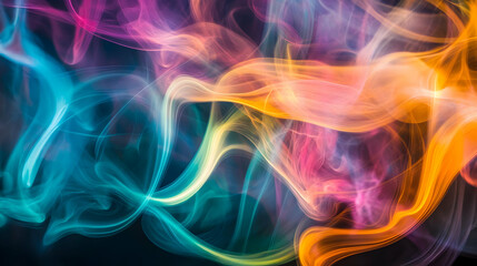 Fototapeta premium A colorful abstract of swirling smoke-like patterns in pink, purple, and teal hues against a black background, creating a mystical effect.