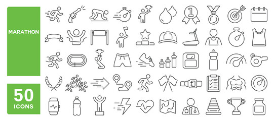 Set of 50 line icons related to marathon, run, running, podium, champion, sport, runner, track, race, athlete, distance, fast, Editable stroke. Vector illustration
