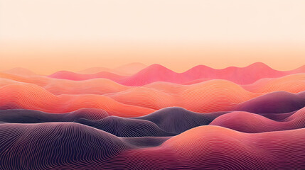 A soft digital landscape of rolling hills in pastel peach and lavender hues, evoking a serene and dreamlike ambiance.