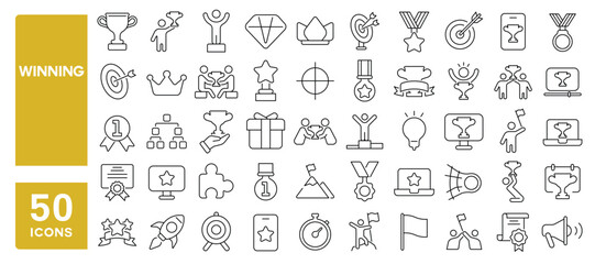 Set of 50 line icons related to winning, victory, winner, prize, podium, cup, trophy, award, medal, Editable stroke. Vector illustration
