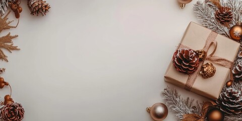 Christmas background with decorations along the edges. Christmas tree branches, gold glitter balls, stars, and garland. Flat lay, top view on a dark background with copy space.