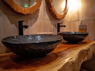 A rustic ensuite bathroom features a wall-mounted timber vanity with dual black stone basins and elegant round mirrors, creating a warm and cozy ambiance.