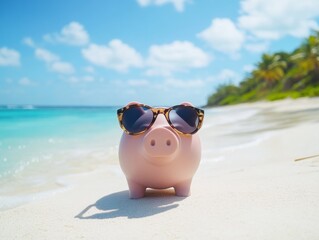A playful piggy bank wearing sunglasses relaxes on a sunny beach with clear blue skies and tropical vibes.