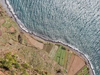 Aerial view captures terraced farmland at the edge of a steep cliff beside the shimmering ocean, blending natural beauty with human agriculture. Cabo Girao, Madeira, Portugal