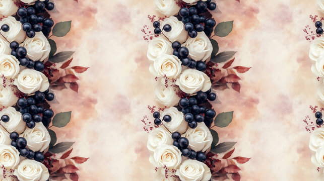 Elegant bouquet of white roses paired with dark berries against a soft watercolor backdrop perfect for wedding invitations