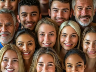 Fototapeta premium A diverse group of smiling people from various cultural backgrounds, showcasing unity and happiness. The image is bright and vibrant.