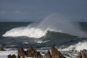 Huge waves in South Africa. Beach in False Bay. Stormy ocean during winter.