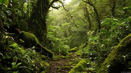 Lush Tropical Rainforest Scene Showcasing Dense Greenery and Wildlife
