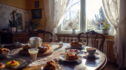 Fototapeta premium Cozy breakfast nook in a country setting with a richly laid table and sunlight streaming through lace curtains.