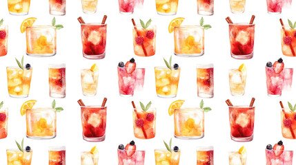 Seamless watercolor pattern featuring various Korean drinks including Sujeonggwa and cinnamon punch ideal for postcards and t shirt prints