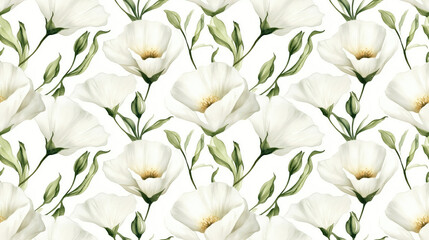 Seamless watercolor pattern of elegant white Eustoma flowers on a flowing background ideal for printed materials and decorative applications