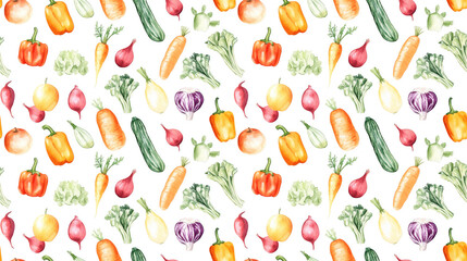 Hand drawn watercolor vegetables in a seamless pattern ideal for vegan menus and farmer s market advertising