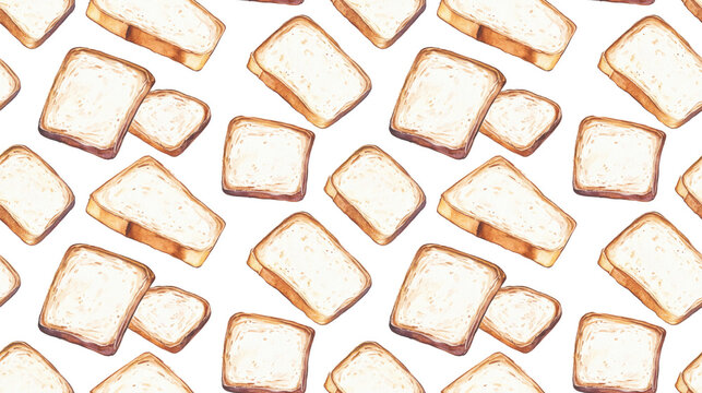 Seamless pattern of watercolor illustrations featuring slices of white bread ideal for textile or kitchenware design
