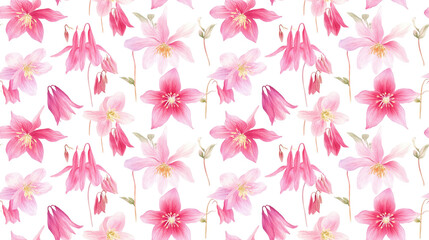 Fototapeta premium Seamless watercolor botanical pattern featuring Aquilegia flowers perfect for floral backgrounds wedding designs and invitations