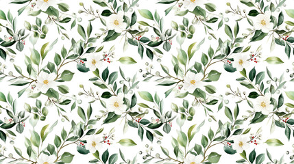 Obraz premium Seamless watercolor pattern featuring Christmas florals with vibrant green twigs holly leaves white berries and olive branches perfect for festive decor and designs