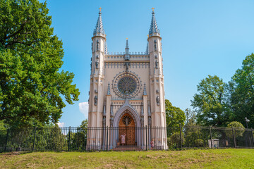 The Gothic Chapel in Peterhof, the Alexander Nevsky Church in the park. Saint Petersburg, Russia -...