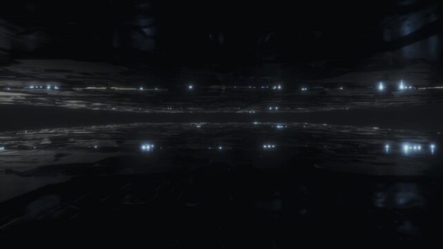 Looped 3D animation of a symmetrical, otherworldly landscape dominated by a deep blue hue. A central, reflective plane divides the scene, mirroring a complex network of glowing, greeble structures. 