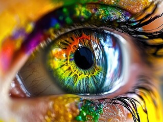 A close-up of a human eye with vibrant, colorful paint and ink splashes surrounding it, creating an abstract and artistic appearance.