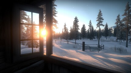 An open window reveals a winter forest with sunlit snow-covered trees, set within a rustic interior...