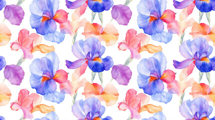 Seamless abstract pattern featuring a vibrant watercolor bouquet of iris flowers ideal for decorative textiles and artistic projects