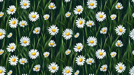 Fototapeta premium Seamless pattern featuring delicate chamomile flowers amid lush green grass perfect for fabric design and seasonal decor