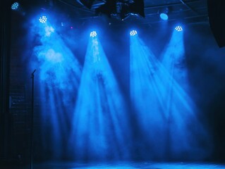 Blue spotlights illuminate a stage in a dark room, creating an atmospheric and mysterious ambiance.