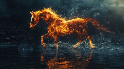 Fiery Horse Running Through Water