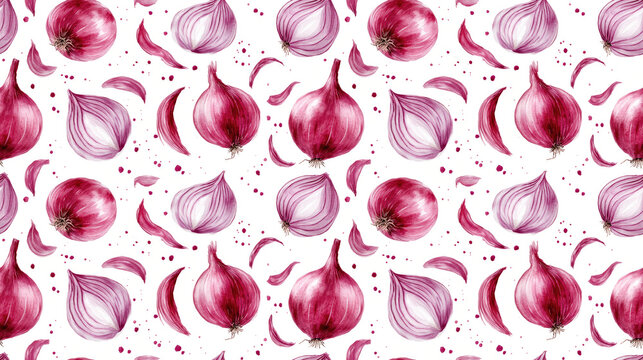 Seamless watercolor pattern of half red onion on white background perfect for culinary packaging and label design