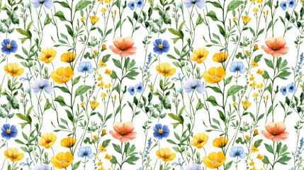 Obraz premium Seamless watercolor pattern featuring hand painted wildflowers green leaves and branches ideal for wedding invitations or greeting cards