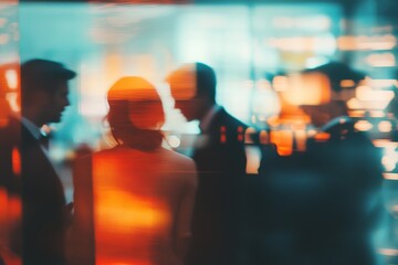 Business people networking and socializing at a corporate event, with a motion blur effect conveying a sense of energy and activity