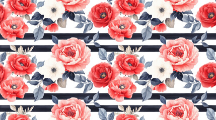 Naklejka premium Seamless pattern featuring watercolor roses and peonies intertwined with stripes ideal for fabric design and home decor