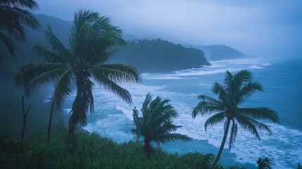 Obraz premium coastal storm with heavy rain, wind and swaying palm trees